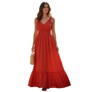 DELUC Red Cotton Linen Smocked Midi Dress V Neck Ruffle S NWOT Cottagecore